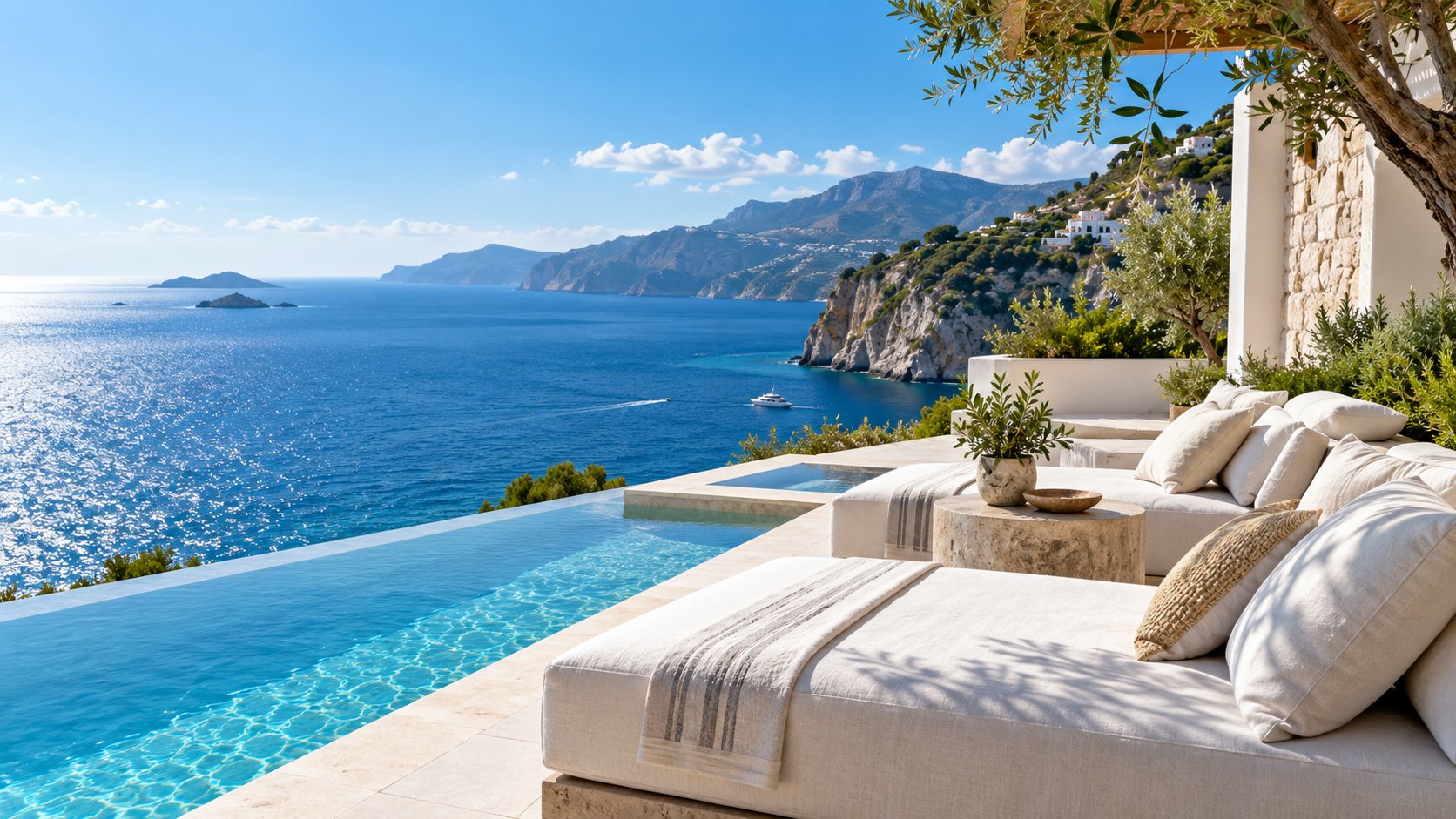 Sunlit seaside hotel terrace